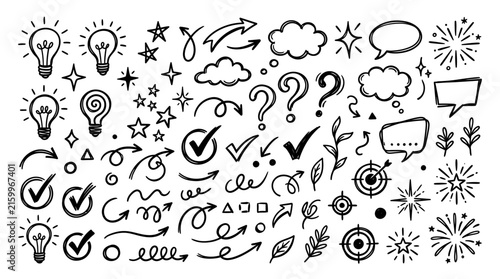 Hand drawn doodle elements set with arrows stars light bulbs and check marks.