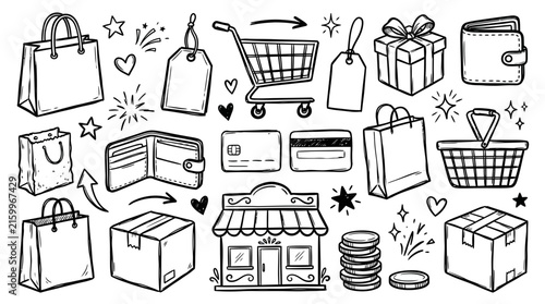 Hand drawn doodle set of shopping and ecommerce elements.