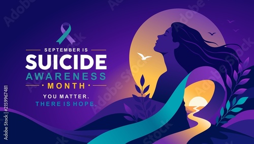 Fotografía September is Suicide Awareness Month banner with a serene woman silhouette against a glowing sun, teal and purple flowing ribbon, flying birds, and inspirational text