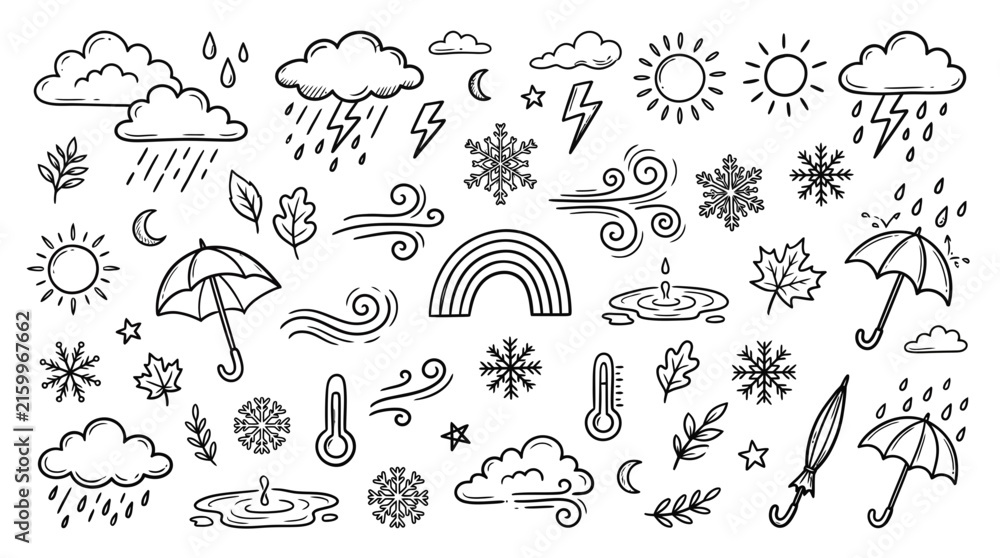 Fototapeta premium Handdrawn weather icons set featuring sun clouds rain snow wind and umbrellas.