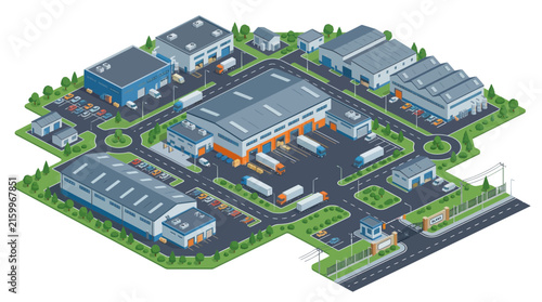 Isometric illustration of a large industrial logistics park with multiple warehouses and transport vehicles.