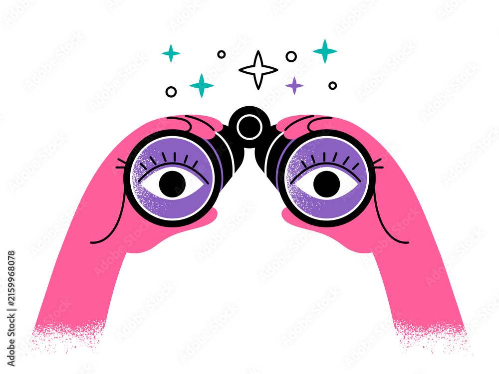 Fototapeta premium concept of observation and search. Hands holding binoculars, eyes looking through the lenses and observing. bright flat drawing with texture