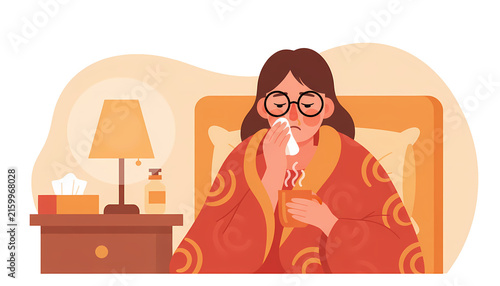 illustration of  sick woman with  round glasses sitting in bed, wrapped in a thick red and yellow patterned blanket, wiping her nose with a white tissue while holding a steaming mug