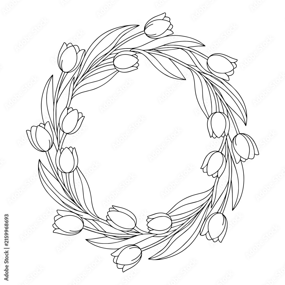 Obraz premium Black and white tulip flower wreath line art
