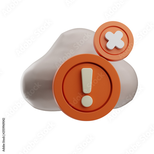 A 3D representation of a cloud icon featuring an exclamation mark and a close symbol, suitable for digital interfaces and applications.