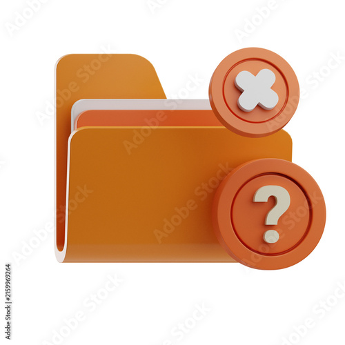 A 3D orange folder icon featuring a question mark and a cross symbol, representing file management and decision-making. Ideal for digital applications and user interfaces.