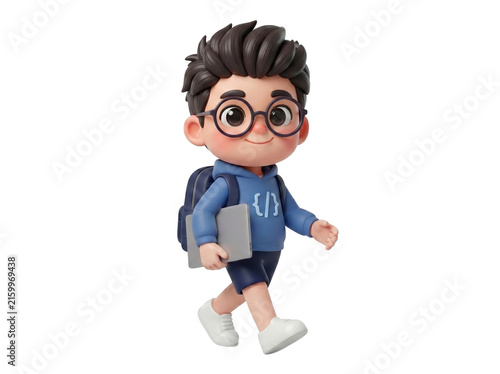3D cartoon boy with glasses and backpack walking with a laptop