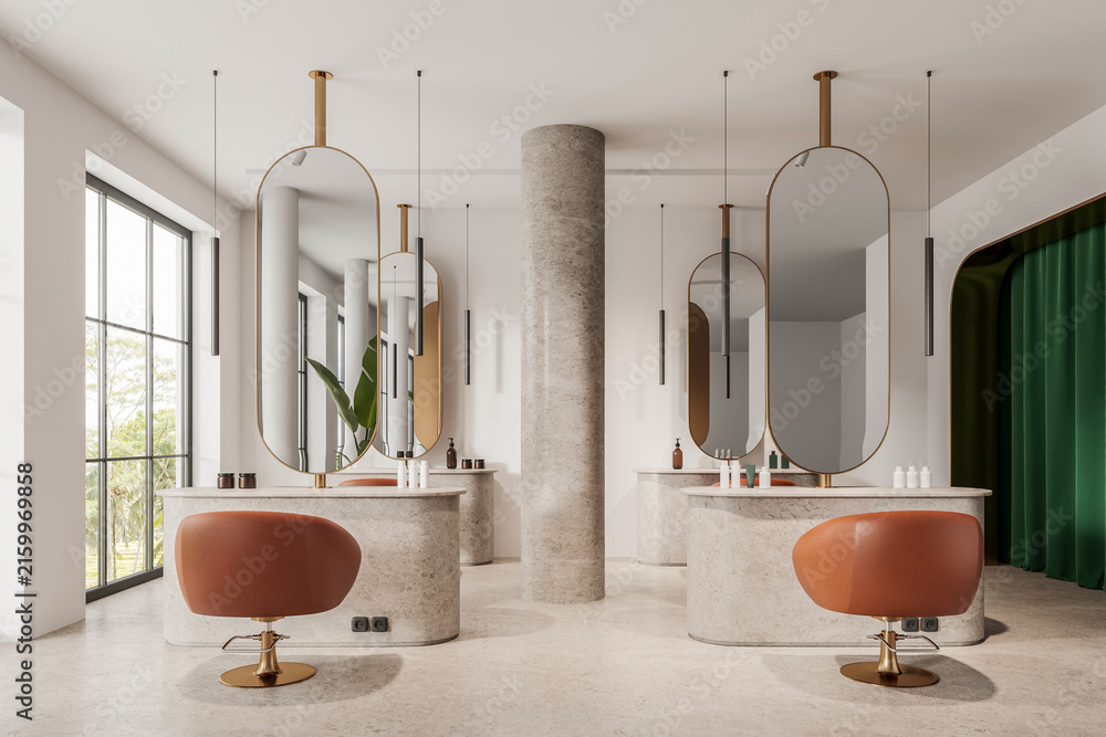 Fototapeta premium Modern salon interior with mirrored stations, columns, pendant lights on a bright neutral background, expressing luxury design. 3D Rendering
