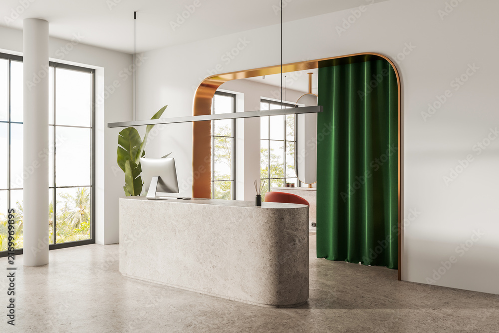 Fototapeta premium Modern office reception with curved stone desk, emerald curtain, brass arch, and tall windows on a pale background, expressing luxury. 3D Rendering