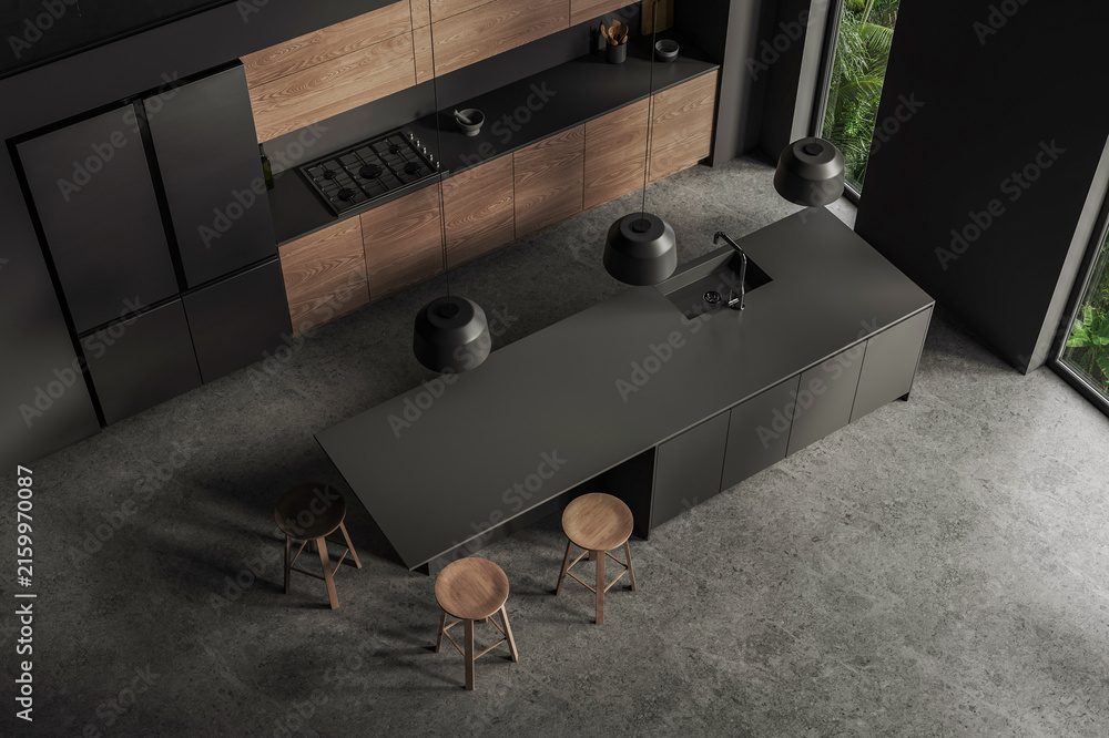 Fototapeta premium Modern kitchen interior with wood cabinetry and stone island, realistic 3D Rendering, on a textured floor background, showing refined design