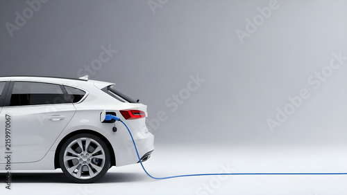 Modern white electric vehicle charging with a blue cable representing sustainable zero emission clean energy transportation for future mobility