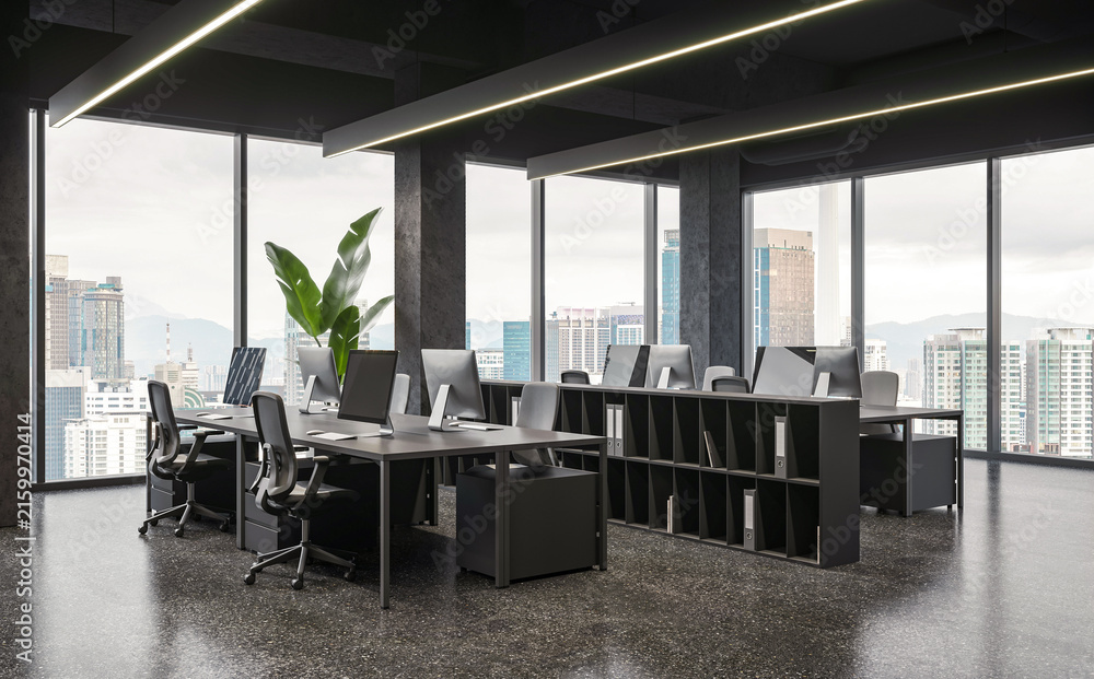 Fototapeta premium Modern office interior with desks, plants, and city views in realistic rendering style on a windowed background, conveying productivity. 3D Rendering