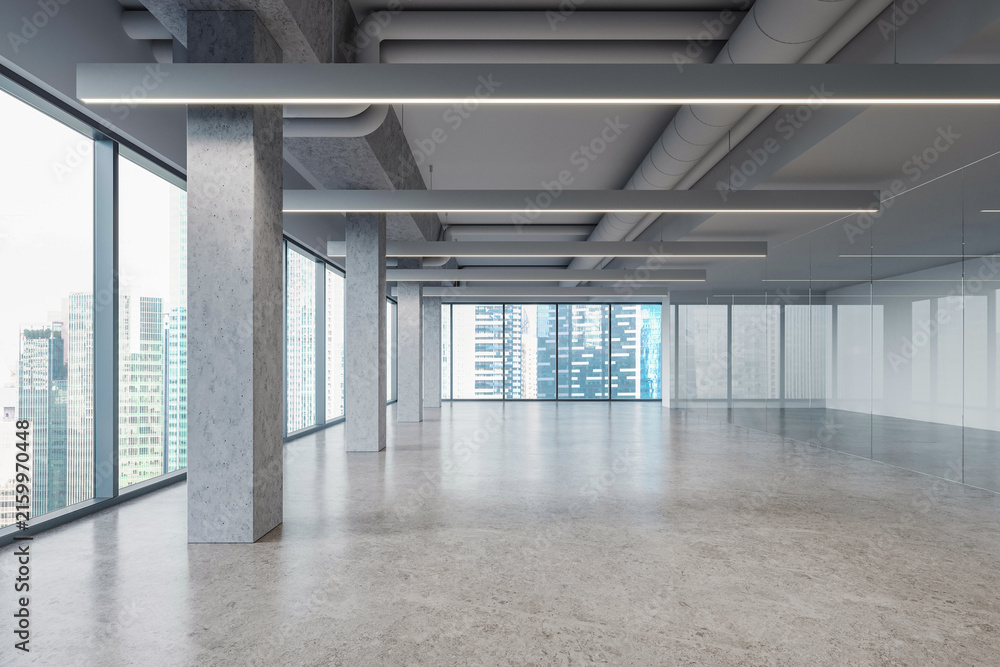Fototapeta premium Modern office interior with concrete columns, glass walls, exposed ducts, and linear lights, 3D Rendering on a bright city background, concept