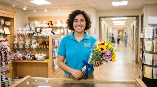 Friendly smiling young woman holding a bouquet of flowers in a gift shop