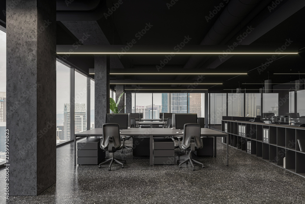 Fototapeta premium Modern office interior with open desks, concrete columns, and city views in a sleek style on neutral background, conveying productivity. 3D Rendering