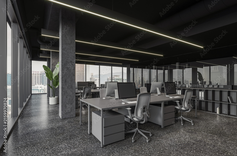 Fototapeta premium Modern office interior with minimalist style on city background, expressing productivity, collaboration, and contemporary architecture. 3D Rendering