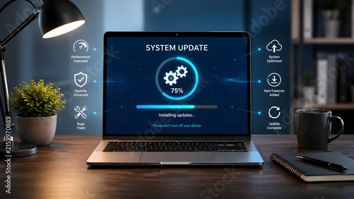 Laptop computer on desk displaying system software updating process with glowing performance optimization and security icons