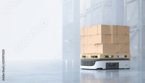 Portrait Stock Photo of Smart Logistics AMR Robot with Cardboard Boxes and Top Copy Space