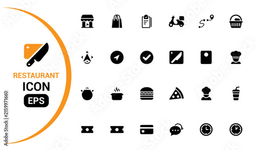 Food Restaurant Icons, Dining And Cafe Symbols, Delivery And Payment Vector Set