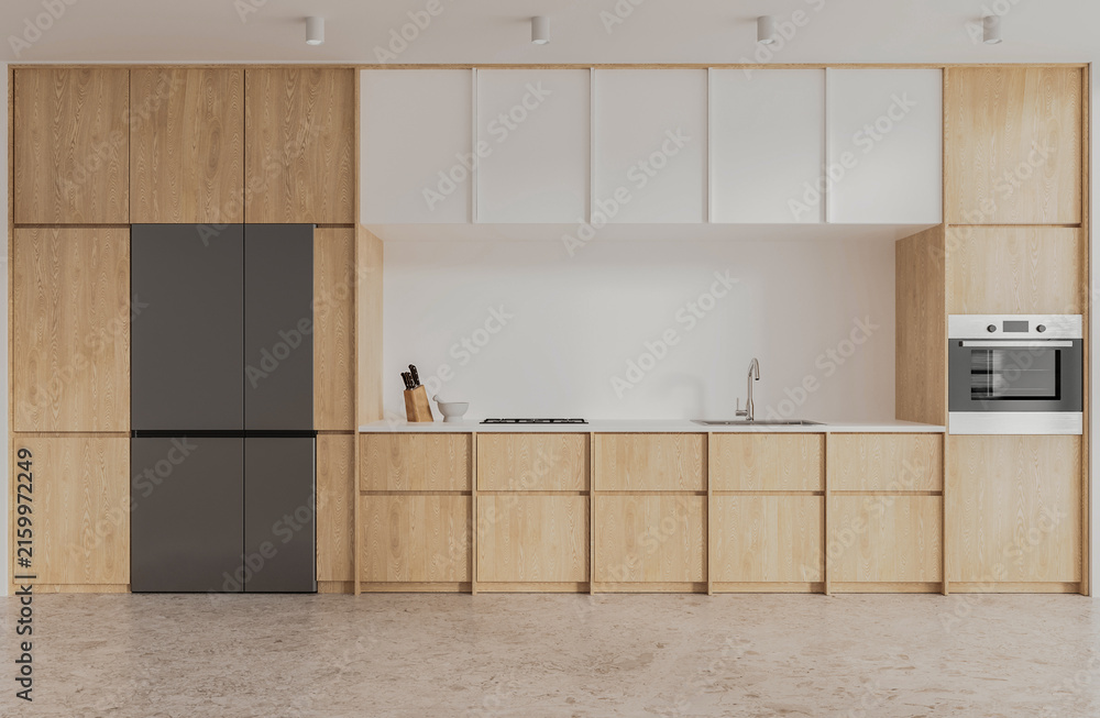 Fototapeta Modern wood kitchen interior with minimalist cabinetry and appliances, architectural style on a warm neutral background. 3D Rendering