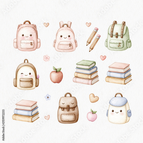Watercolor pattern backpack school pastel seamless tile book pencil apple cute school supply pattern with smiling bag, heart, flower, soft color, nursery style