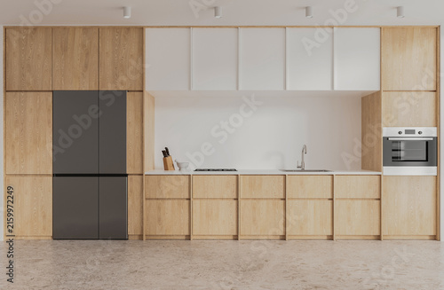 Konstfotografi Modern wood kitchen interior with minimalist cabinetry and appliances, architectural style on a warm neutral background