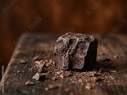 Dark chocolate block with shavings on wooden surface