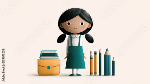 School girl backpack book pencil crayon classroom education child poster cute 3d student character with supplies on beige background for learning theme