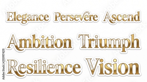 Elegant gold and marble texture motivational words sticker set including Triumph and Resilience for success-oriented graphic design