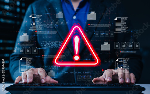 Cybersecurity data breach warning shows locked files, digital alerts and protected documents as businessman responds to cyber threats, information security risks, access control, incident management