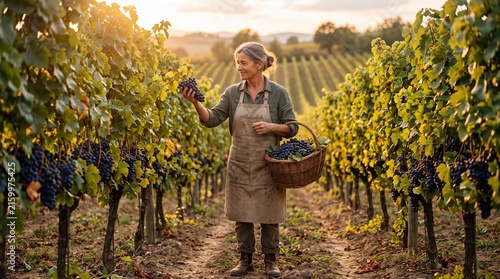 Winegrower inspecting grape cluster in vineyard at harvest