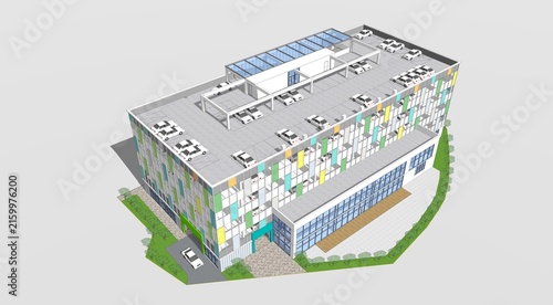 3d render of a modern building, Bird’s-eye perspective of a modern multi-storey car park with rooftop parking capacity and vibrant exterior design.