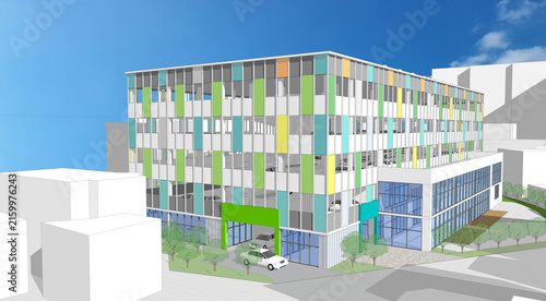 A 3D architectural visualization of the multi-level public parking structure featuring an open-air rooftop parking area and colorful facade panels.
