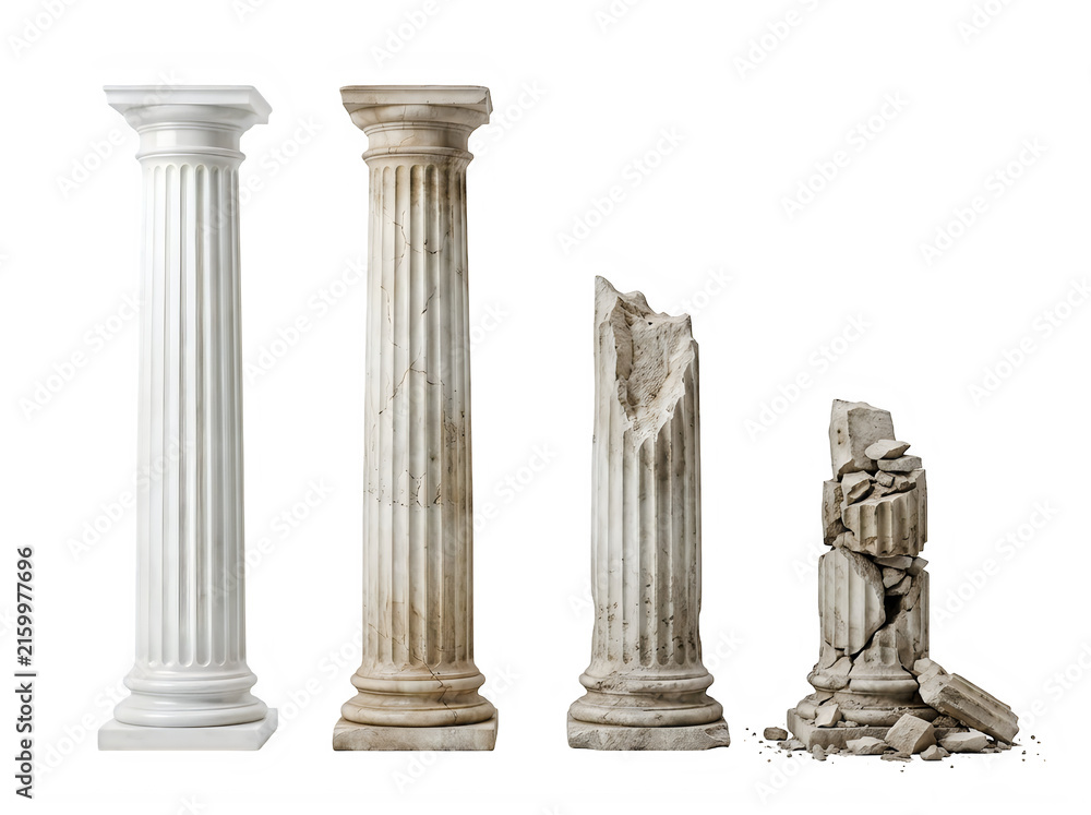 Obraz premium A series of four classical architectural columns in varying states of decay, from pristine to broken, isolated on transparent background