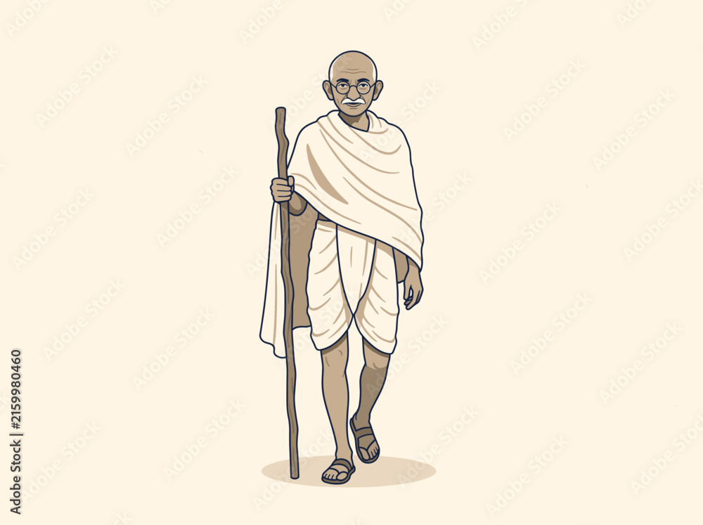 Fototapeta premium Illustration of Mahatma Gandhi walking with a wooden walking stick.