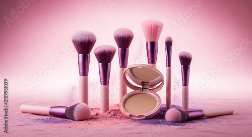 A collection of makeup brushes with pink handles and purple ferrules arranged around a compact powder case on a dusty pink surface
