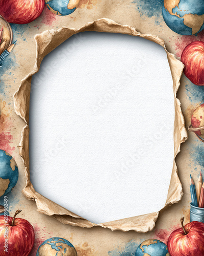 Torn paper blank space apple globe pencil watercolor education frame with kraft texture classroom art border copy space for school design