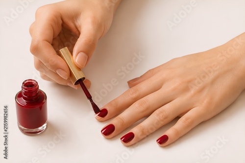 Woman applying red nail polish to her nails