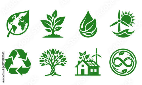 Green ecology and recycling concept icon set with leaf earth tree sprout wind turbine and house