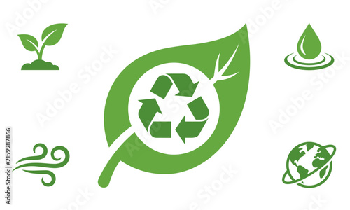 Green ecology and recycling concept icon set with leaf arrow sprout water drop and earth globe