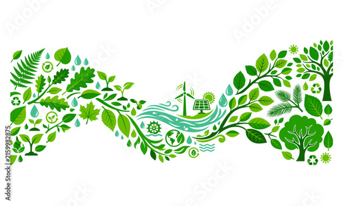 Green ecology concept vector abstract background wave with leaves trees wind turbine and solar panels icons