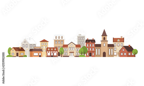 Vintage European town street skyline vector illustration with cute classic buildings houses church and trees