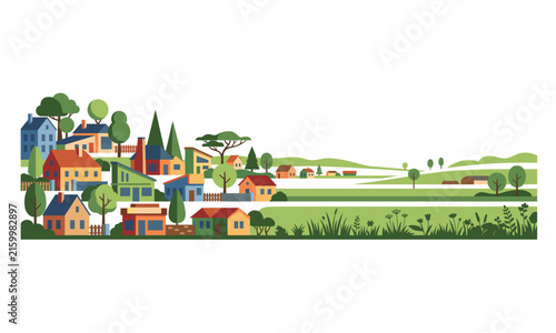 Colorful countryside village vector landscape with cute houses trees green fields hills and small farm cottages