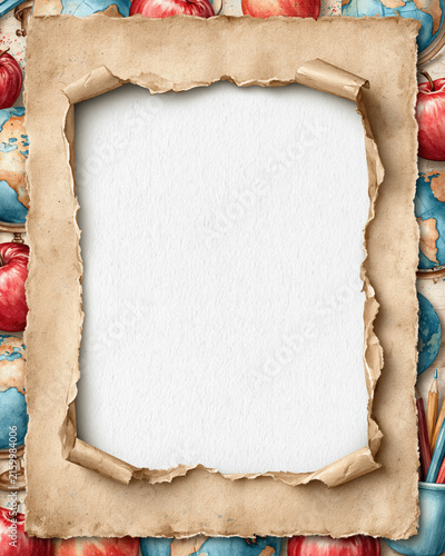 Kraft paper torn edge shaped hole blank space parchment frame vintage paper texture apple pencil natural kraft paper with torn border and shaped hole around blank white center, vintage classroom