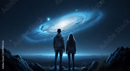 A man and a woman standing on a rocky cliff edge looking at a bright glowing blue spiral galaxy in the dark night sky above a distant horizon