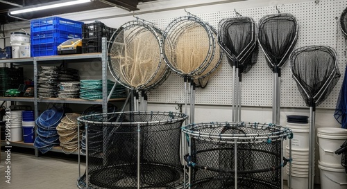 Fishing Equipment Storage with Various Nets and Supplies