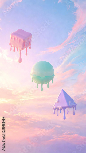 Floating ice cream shapes drift through soft, colorful clouds