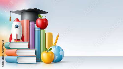 Book education school background rocket graduation apple globe pencil icon colorful book stack with graduation cap, apple, globe, pencil, rocket on pastel educational background for learning theme