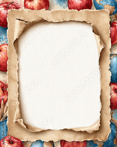 Kraft paper torn paper shaped hole blank space apple watercolor frame texture background rustic, layered natural kraft paper with empty center apple watercolor border for invitation, note, menu