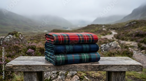 Stack of Folded Woolen Tartan Blankets on a Wooden Bench in the Scottish Highlands